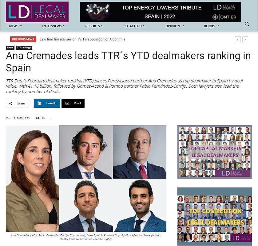 Ana Cremades leads TTR's YTD dealmakers ranking in Spain